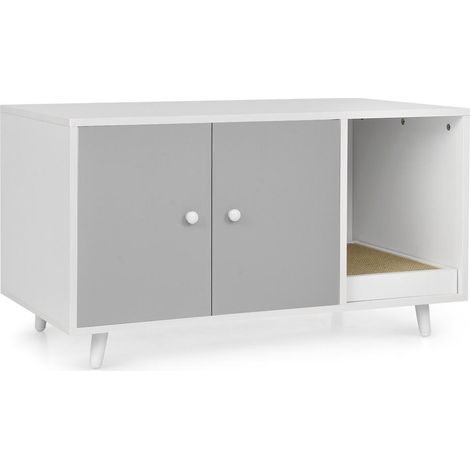 Meuble cache litière chat 3-en-1 avec double portes, cloison intérieure et griffoir, table d'appoint grise (1/5)