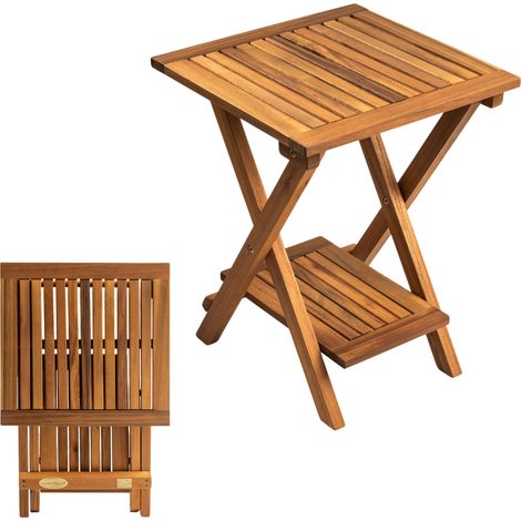 Akazie Beistelltisch geölt für Außen - 35 x 35 cm - Holz Gartentisch klappbar mit 2 Ablagen