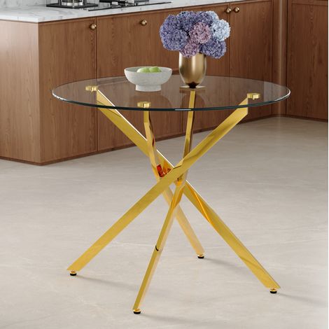 Tavolo da pranzo rotondo 88x88x75 cm, vetro temperato, struttura stabile, bordi arrotondati, metallo e vetro oro trasparente (1/5)