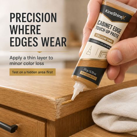 Pâte de retouche pour bords d'armoires de cuisine KineShineX, portes d'armoires et bords de tiroirs couleur chêne jaune légèrement usés. (1/4)