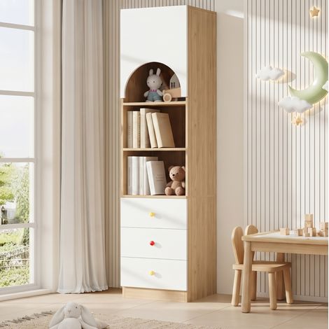 Schmales Bücherregal 50x50x200 cm aus weißem MDF in Holzoptik, 3 Schubladen – MEUBLIV (1/5)