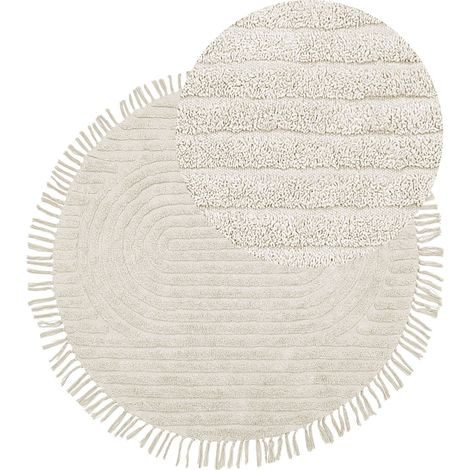 Tapis en Coton Beige ø 140 cm de Diamètre à Motif de Stries Rond à Franges Halfeti (1/5)