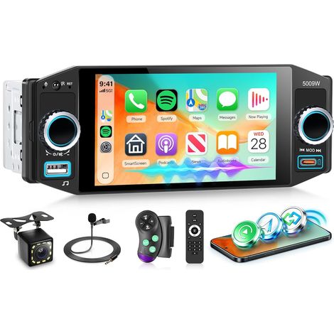 sans Fil Carplay Autoradio 1 Din avec sans Fil Android Auto Bluetooth FM/AM/RDS, 5 Pouces Écran Tactile Autoradio avec iOS/Android Mirror Link EQ/USB/Type C Commande au Volant Caméra de Recul (1/5)