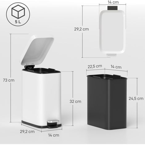 Poubelle métallique blanche 5 L à pédale avec seau intérieur, idéale pour la cuisine ou la salle de bains avec une ouverture mains libres compacte. (1/5)