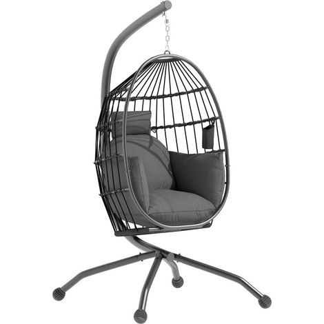 Fauteuil suspendu extérieur avec panier pliable, coussins épais, support, appui-tête et porte-gobelet, couleur noire