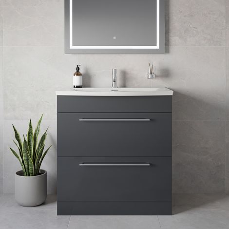 Napoli 390 Gloss Grey 800mm 2 Drawer Vanity Unit with Arc Basin - 800mm - Chrome 480mm Handle