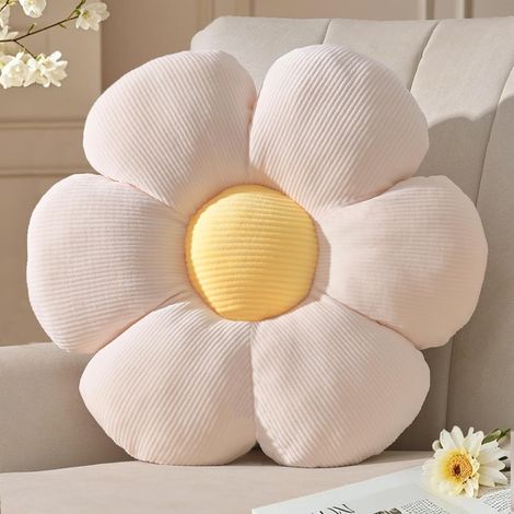 Coussin de sol Daisy - 1 pièce - Matière polyester - Décoration chambre d'enfant - Salon/bureau - 48 cm blanc (Blanc avec cœur jaune [six pétales] 40 cm 0,22 kg) (1/5)