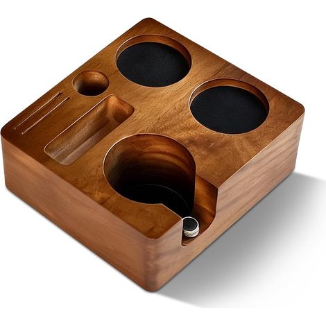 Station de tamping en noyer pour Barista - Station tamper 58 mm avec 6 compartiments de rangement, station à expresso peu encombrante en bois massif - Accessoires de machine à café (1/5)