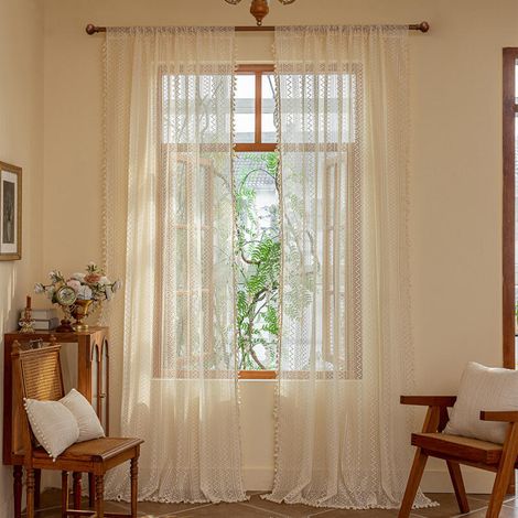 Cortinas para salón, 100 cm de largo, con borlas de encaje, juego de dos piezas, rayas onduladas de ganchillo, semitransparentes, 140 x 100 cm (1/5)