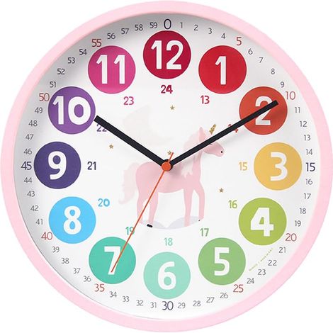 Horloge murale pour enfants - Horloge d'apprentissage colorée - 25,4 cm - Silencieuse - Sans bruit de tic-tac - Pour la rentrée scolaire - Pour garçons et filles - Chambre à coucher - École (1/5)