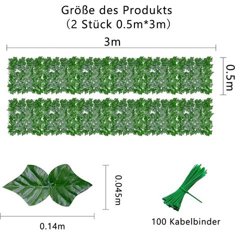 Künstliche Efeu Hecke Sichtschutz, 100x300cm (2x50x300cm) Efeu Sichtschutz, Balkon Sichtschutz Efeu, Sichtschutz Balkon Blätter Sichtschutz Künstliche Hecke