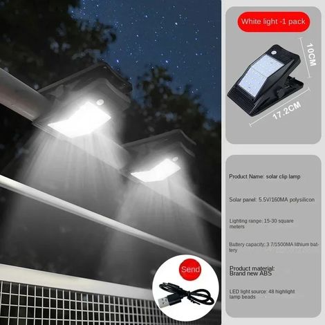 (Lumière blanche 48 LED) Nouvelles lampes solaires à pince pour extérieur, cour, jardin, terrasse, applique murale ultra-lumineuses à détection de présence humaine (1/5)