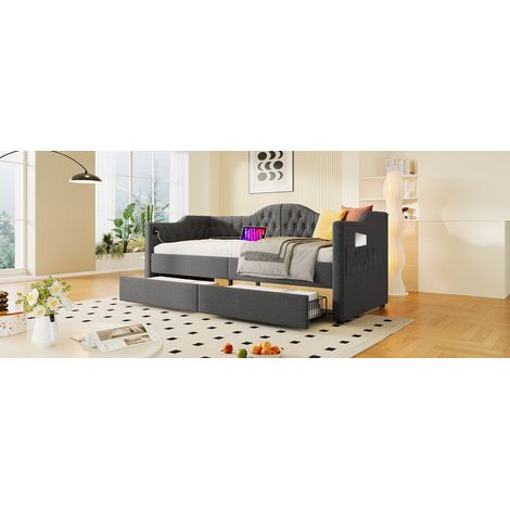 Día cama polsterbett 90x200cm gris lino con USB-C, 2 cajones y cabecero vintage (1/5)