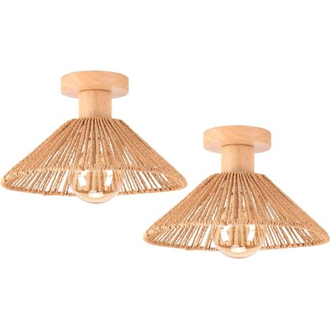 Lot de 2 Plafonnier Rotin Bois Abat-jour Papier Vintage E27 Décor Salon Chambre (1/5)