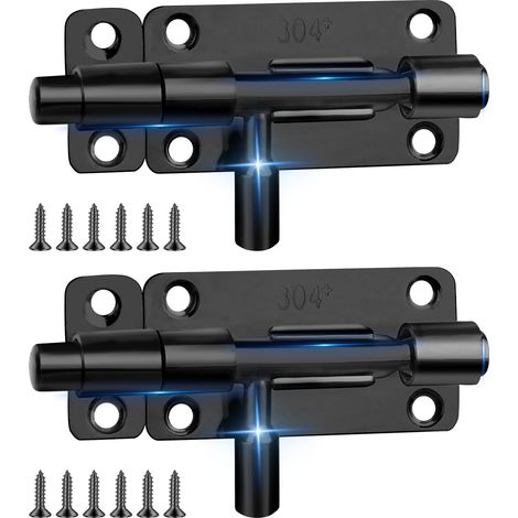 Lot de 2 verrous de porte en acier inoxydable avec 12 vis, serrure coulissante de 10,12 cm, loquet de verrouillage noir argenté (noir) (1/5)