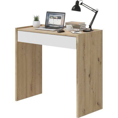 Dmora - Schreibtisch Ddepaol, Linearer Schreibtisch mit Schublade, Arbeits- oder Bürotisch für PC, 82x40h77 cm, Geknotete Eiche und Weiß
