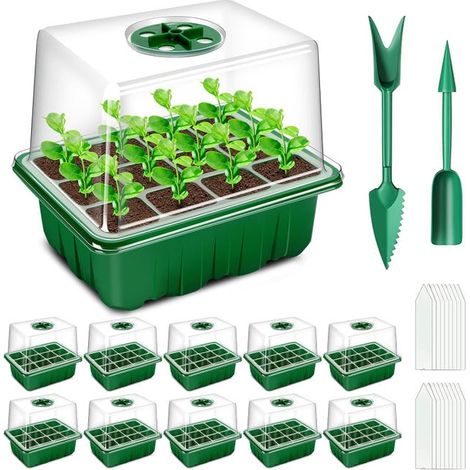10 Pièces 120 Cellules Intérieure Plateau Semis avec couvercle rehausse, Bac à semis Pépinière Boîte de Culture Durables, Vert (1/5)
