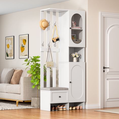Mueble recibidor, mueble de almacenaje con banco zapatero y perchero, de tablero de partículas y vidrio templado 85 x 33,5 x 200 cm, Blanco (1/5)