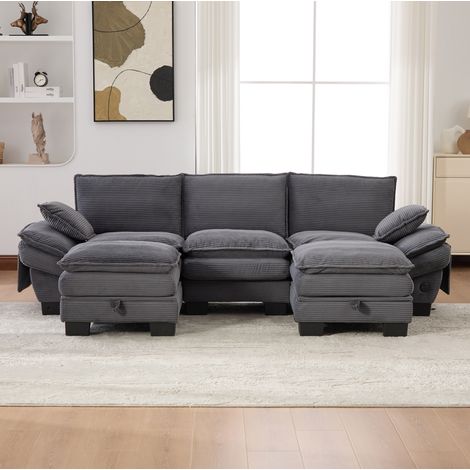 FloraGrace Canapé 3 places modulaire 260 x 132 x 84 cm, tissu corduroy gris foncé, 2 poufs, USB-C, poches (1/5)
