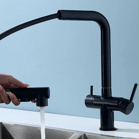 Robinet de cuisine en laiton avec filtre, double douchette, mitigeur d'eau potable, finition dorée (noir mat A). (1/5)