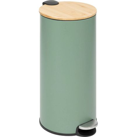 5Five Simply Smart – Poubelle ronde 30L en métal vert avec couvercle en bambou – Fonction soft close – Seau amovible pour nettoyage facile – Dimensions 37,7x29,2x59,5cm