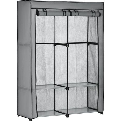 Armoire en tissu avec tringles à vêtements et 4 compartiments, armoire pliante, fermeture éclair, tissu non tissé, gris clair (1/4)