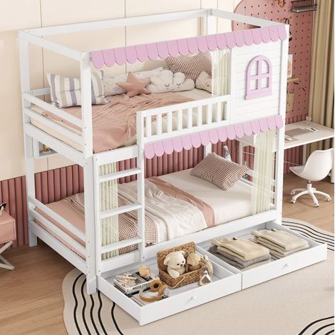 DESVIAE Lit superposé enfant avec fenêtres rideaux étagères ouvertes et 2 tiroirs à roulettes 90 x 200 cm blanc et rose en bois massif et MDF (1/5)