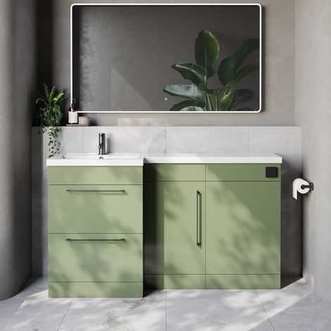 Napoli 390 Olive Green 1500mm 2 Drawer Vanity Unit Toilet Suite with Left Hand Square Lucia Basin - 1500mm - Gunmetal Grey 320mm HandleWithout Kingston Toilet Pan