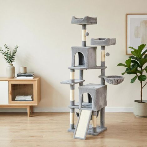 Tiragraffi 177 cm grigio con 3 piattaforme, 2 cucce, 2 amache e 1 gradino - CHICFURN (1/5)