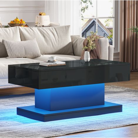 Couchtisch 100 x 50 x 45 cm mit 2 Schubladen, App-gesteuerter LED-Beleuchtung, Schwarz Hochglanz (1/5)