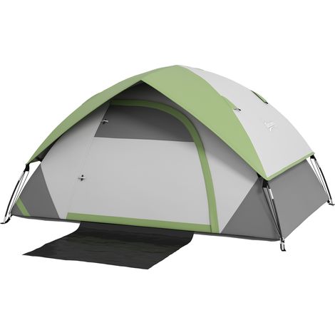 Tente de camping 2 personnes avec fenêtre en filet, en polyester, fibre de verre et PE, 210 x 150 x 110 cm, grise et verte