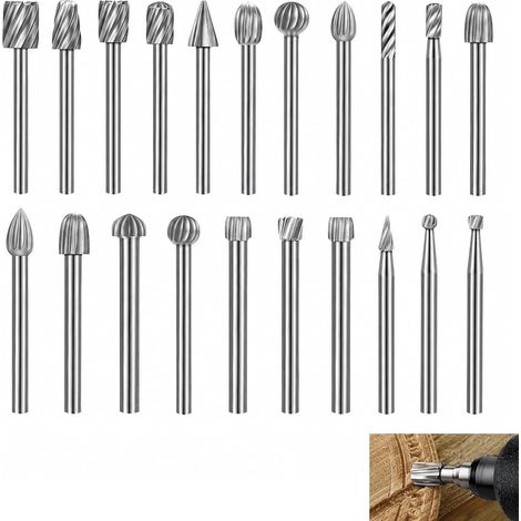 20 Pièces Fraises Carbure Tige 3mm, Burrs Rotatives HSS, Embouts Outils Rotatifs pour Gravure Bois Métal Polissage Coupe Perçage Meulage, Kit Fraises Carbure Multi Formes Compatible Outils Rotatifs (1/5)