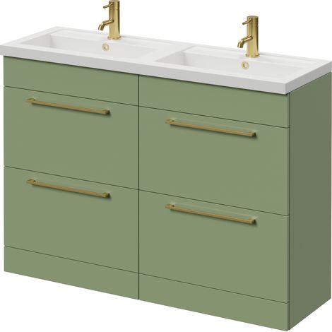 Napoli 390 Olive Green 1200mm 4 Drawer Vanity Unit with Double Lucia Basins - 1200mm - Brushed Brass 320mm Handle