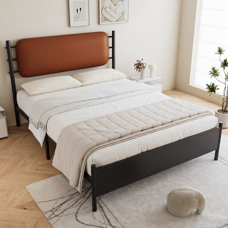 4FT6 Double Metal bed 135x190cm, With a PU-upholstered headboard, Durable and Sturdy, Youth bed, for adults & teenagers, Wrought iron bed, Black (1/5)