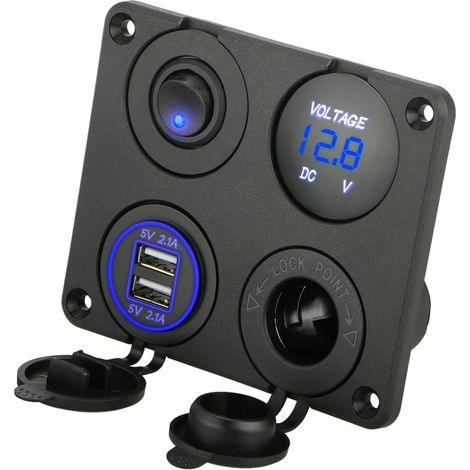 4-in-1 12V switch panel, dual 4.2A USB charging socket with waterproof ON/OFF rocker switch, LED digital voltmeter socket and cigarette lighter socket