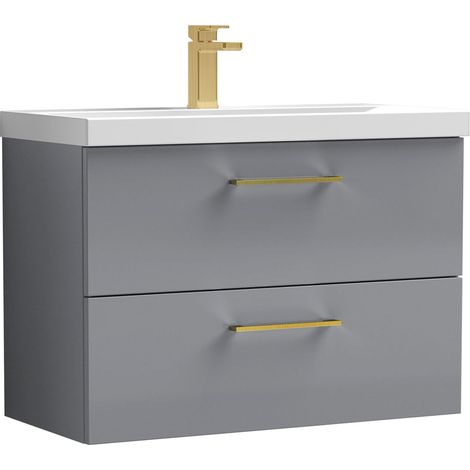 Balterley 800mm Wall Hung Bathroom 2 Drawer Vanity Unit and 1 Tap Hole Ceramic Basin, Satin Grey with Brushed Brass Handles