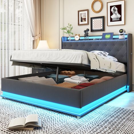 Bett Polsterbett Stauraum 140x200 USB LED Grau OKMYHOME (1/5)