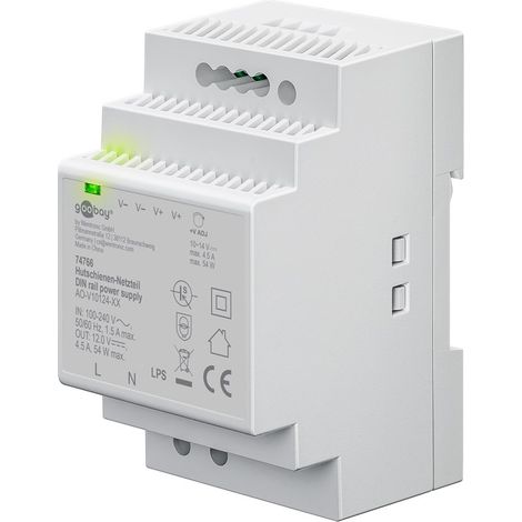 goobay Fuente de alimentación DIN 12V DC 4,5A, transformador de 230V a 12V con voltaje ajustable, protección múltiple, indicador LED, montaje en carril DIN, 74766