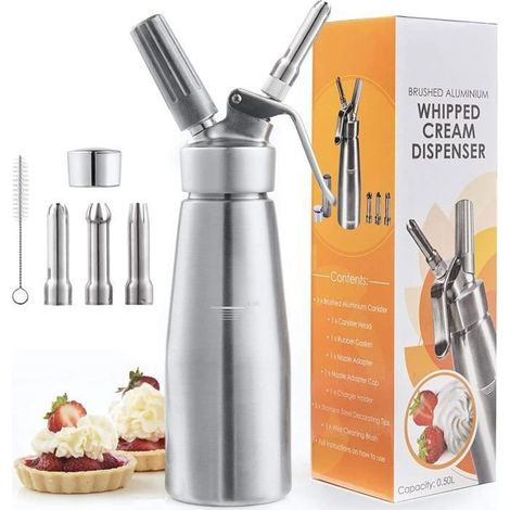 Siphon à crème chantilly professionnel avec 3 douilles en acier inoxydable. Siphons compatible avec les cartouches N20 (non inclus) (1/4)