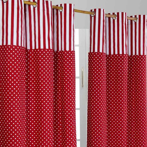 HOMESCAPES Gardinen Polka Dots & Streifen rot 2er Set 182 x 137 cm