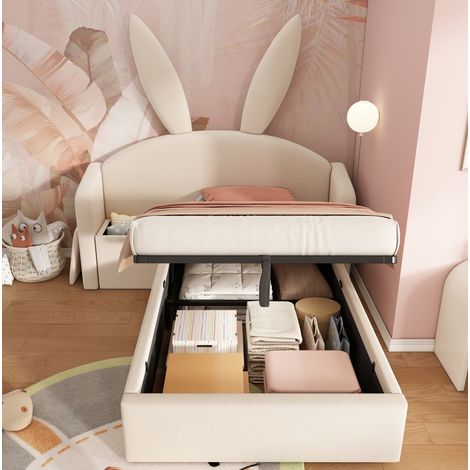 Bett Jugendbett im Hasenohr-Design aus Samt Beige 90x200 cm mit umschließendem Kopfteil, Bettkasten hydraulisch und Nachttisch