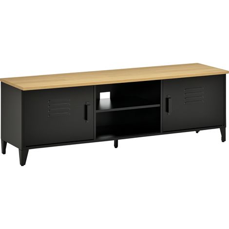 Meuble TV pour Télé 55 Pouces 150x40x50cm, 2 Placards Pieds Réglables Cadre Métal Noir Plateau Bois Naturel (1/5)
