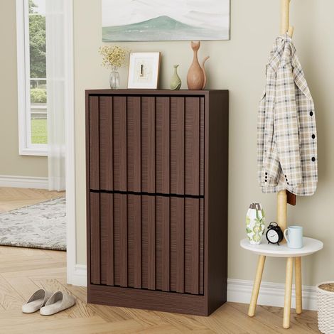 UEV Armoire à Chaussures avec 2 Abattants, Meuble à Chaussures Inclinable, Étagère Réglables et Amovibles, Motif en Ligne, pour Entrée, Couloir, Salon, 52 x 24 x 86,5 cm, Brun (1/5)