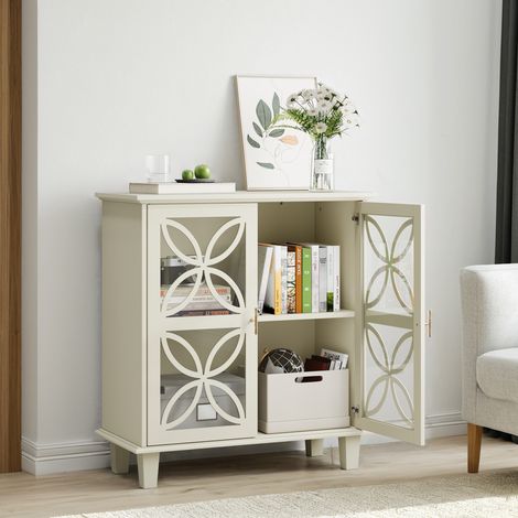 Credenza 80x38x87 cm con 2 ante in vetro, ripiani regolabili e maniglie dorate, per soggiorno e camera da letto, crema (1/5)