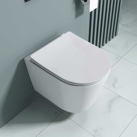 Durovin Ceramic Rimless Wall Hung Toilet - Short Projection - Include WC Pan with Soft Close Seat - Quick Release - 363 x 483 x 360mm (WxDxH)
