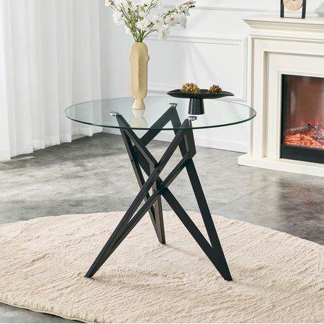 Table basse ronde Ø 85 cm en verre trempé, piétement géométrique en métal noir, pour salon (1/5)