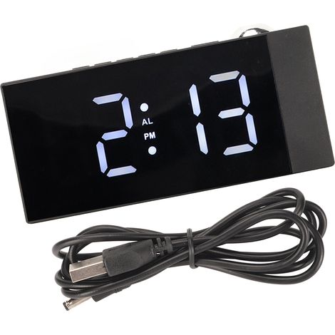 Réveil numérique projecteur, rotation à 180 degrés, luminosité réglable, réveil LED rechargeable par USB, convient aux bureaux et aux chambres à coucher avec lumière blanche. (1/5)
