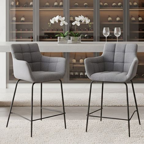 Wahson Tabouret de Bar en Tissu, Lot de 2 Chaise de Bar avec Accoudoirs Chaise Haute Cuisine pour Bar et Cuisine, Gris (1/5)