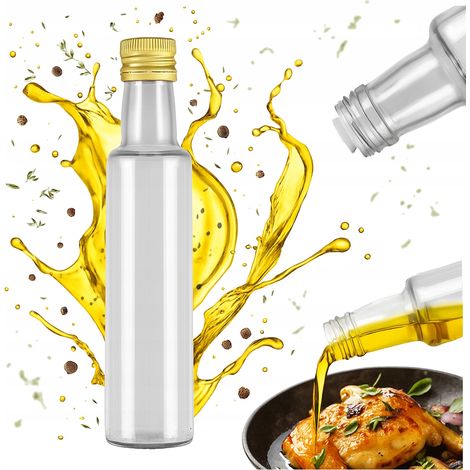 Botella DORICA de 250 ml de vidrio transparente para aceite de oliva y vinagre con dispensador.