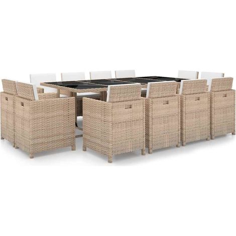 13-tlg. Garten-Essgruppe mit Auflagen Poly Rattan Beige